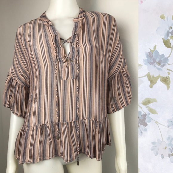 Olivaceous Tops - Olivaceous Pink Striped Boho Festival Peasant  Top